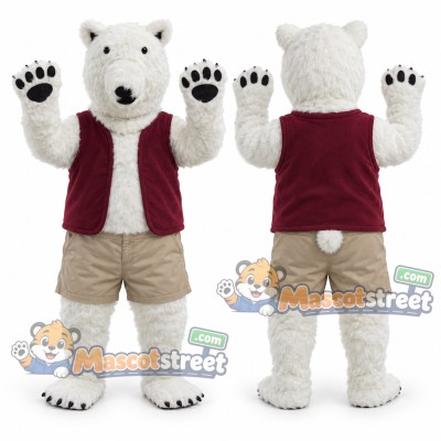 Polar Bear Mascot Costume with Burgundy Vest and Khaki Shorts Polar Bear Mascot Costume with Burgundy Vest and Khaki Shorts