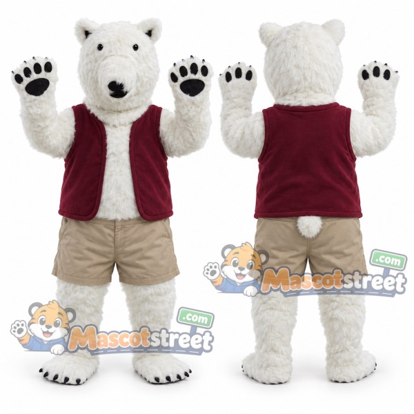 Polar Bear Mascot Costume with Burgundy Vest and Khaki Shorts