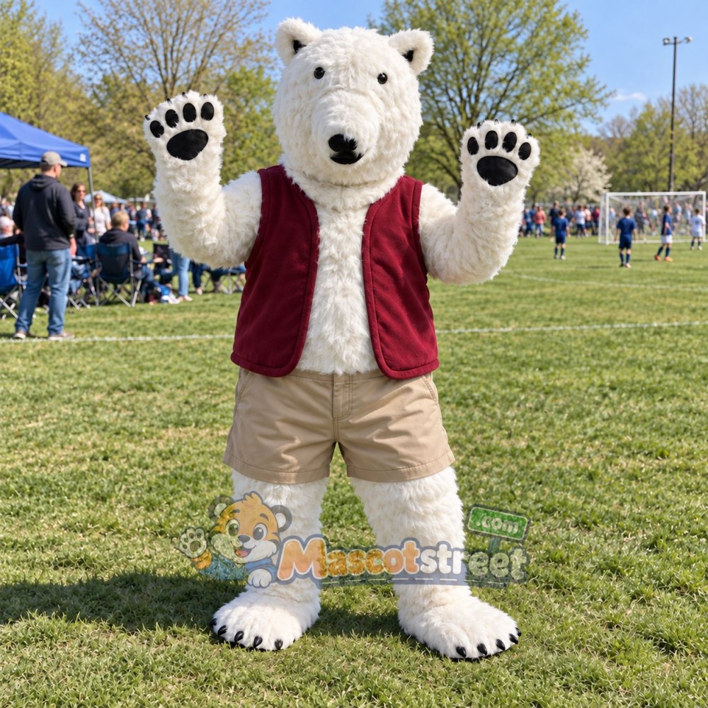 Polar Bear Mascot Costume with Burgundy Vest and Khaki Shorts Polar Bear Mascot Costume with Burgundy Vest and Khaki Shorts