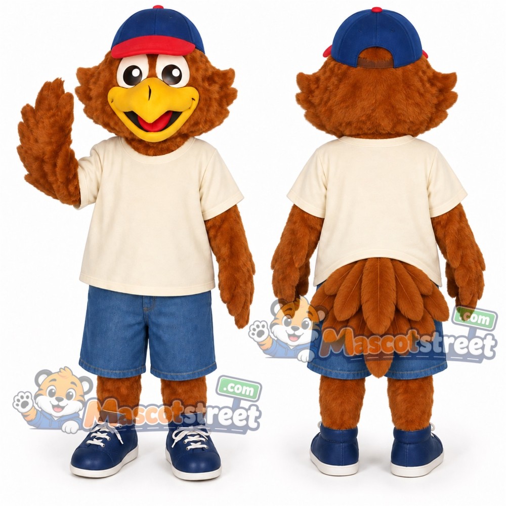 Brown Eagle Mascot Costume with Cream Shirt and Blue Shorts Brown Eagle Mascot Costume with Cream Shirt and Blue Shorts