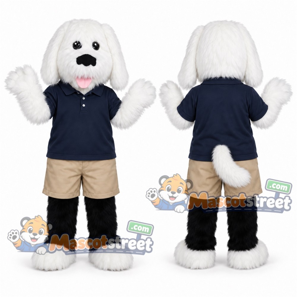 Black and White Dog Mascot Costume with Navy Shirt and Khaki Shorts