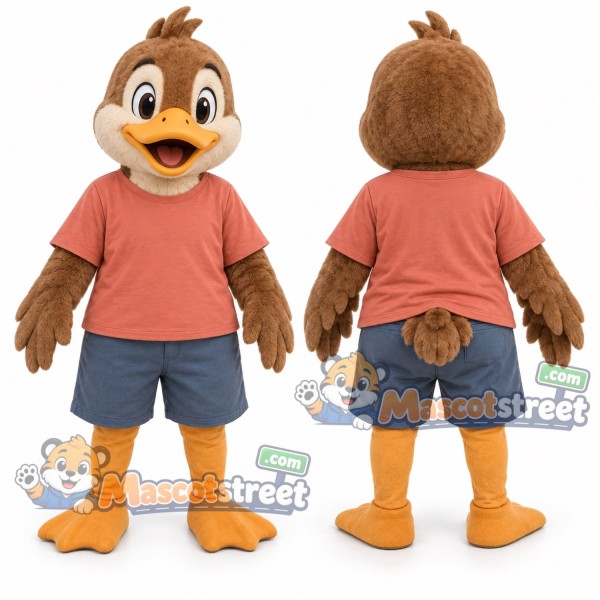 Brown Duck Mascot Costume with Coral Shirt and Blue Shorts