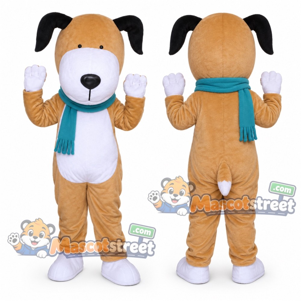 Tan Dog Mascot Costume with Teal Scarf Tan Dog Mascot Costume with Teal Scarf
