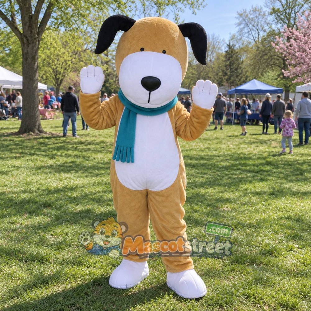 Tan Dog Mascot Costume with Teal Scarf Tan Dog Mascot Costume with Teal Scarf