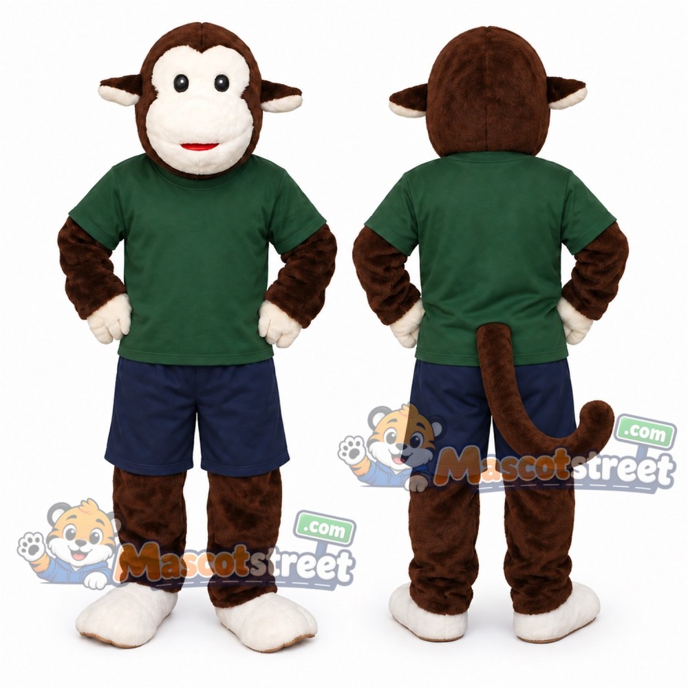 Brown Monkey Mascot Costume with Green Shirt and Navy Shorts Brown Monkey Mascot Costume with Green Shirt and Navy Shorts