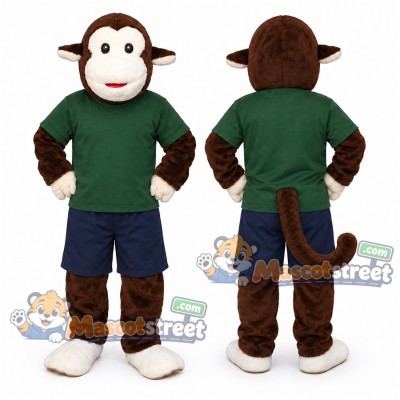 Brown Monkey Mascot Costume with Green Shirt and Navy Shorts Brown Monkey Mascot Costume with Green Shirt and Navy Shorts