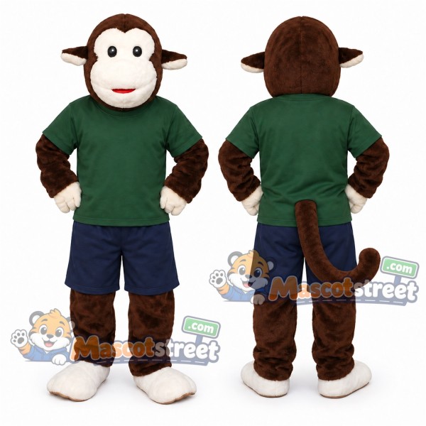 Brown Monkey Mascot Costume with Green Shirt and Navy Shorts