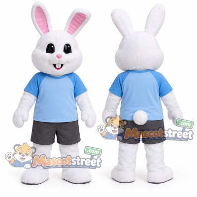 White Rabbit Mascot Costume with Blue Shirt