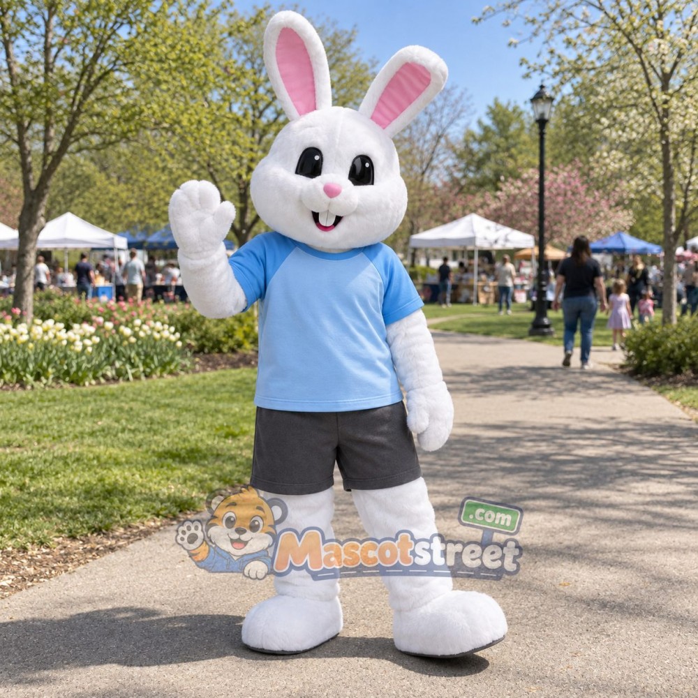 White Rabbit Mascot Costume with Blue Shirt