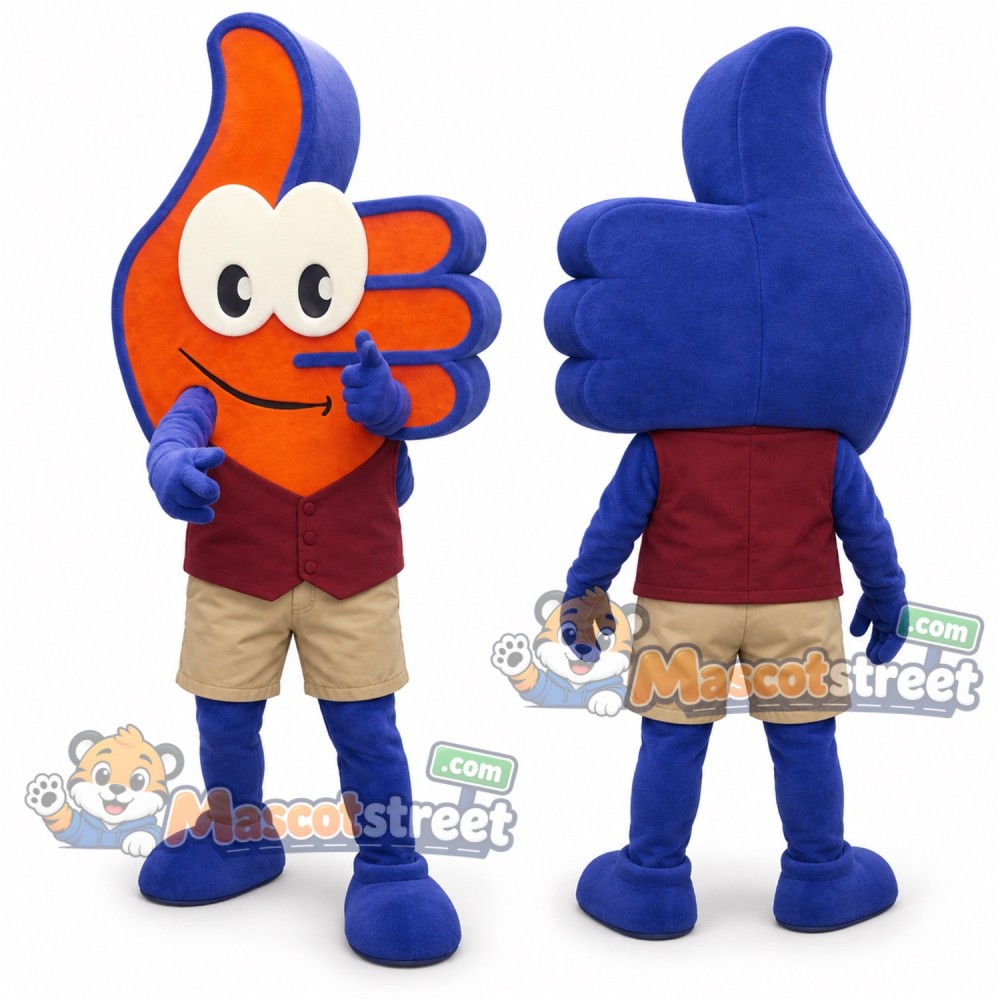 Thumbs-Up Hand Mascot Costume with Burgundy Vest and Khaki Shorts Thumbs-Up Hand Mascot Costume with Burgundy Vest and Khaki Shorts