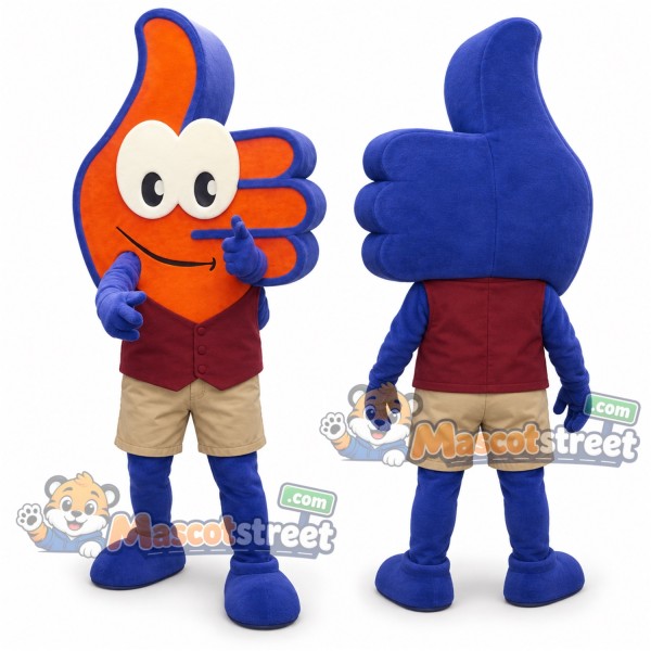 Thumbs-Up Hand Mascot Costume with Burgundy Vest and Khaki Shorts