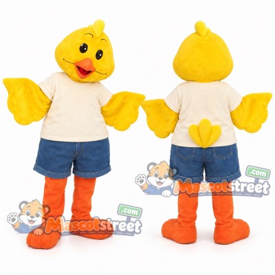 Yellow Chick Mascot Costume with Cream Shirt and Blue Shorts