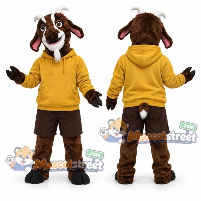 Brown Goat Mascot Costume with Yellow Hoodie and Brown Shorts Brown Goat Mascot Costume with Yellow Hoodie and Brown Shorts