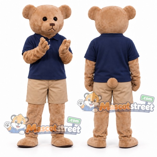 Tan Bear Mascot Costume with Navy Shirt and Khaki Shorts