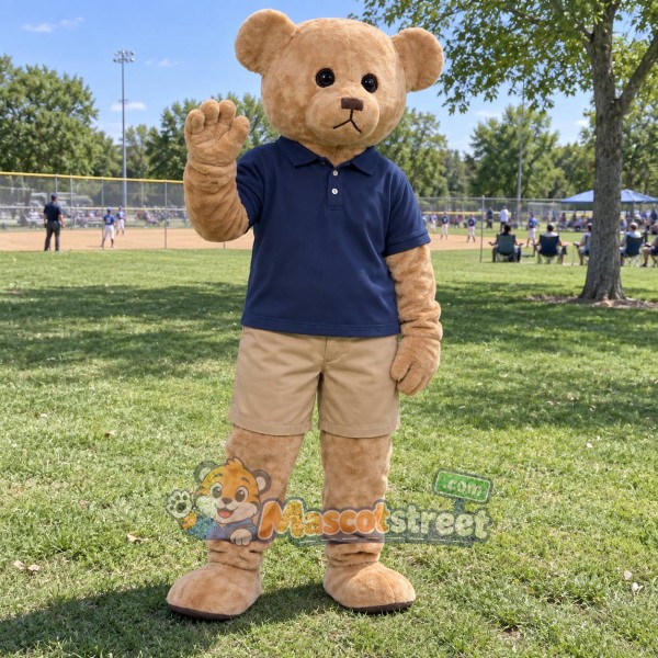 Tan Bear Mascot Costume with Navy Shirt and Khaki Shorts