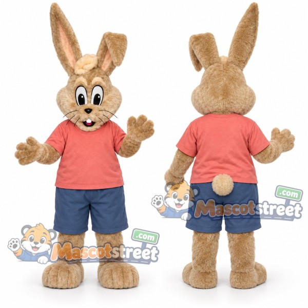 Tan Rabbit Mascot Costume with Coral Shirt and Blue Shorts