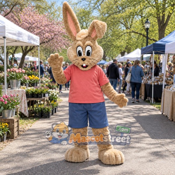Tan Rabbit Mascot Costume with Coral Shirt and Blue Shorts