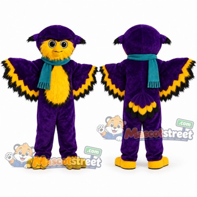Purple Owl Mascot Costume with Teal Scarf Purple Owl Mascot Costume with Teal Scarf