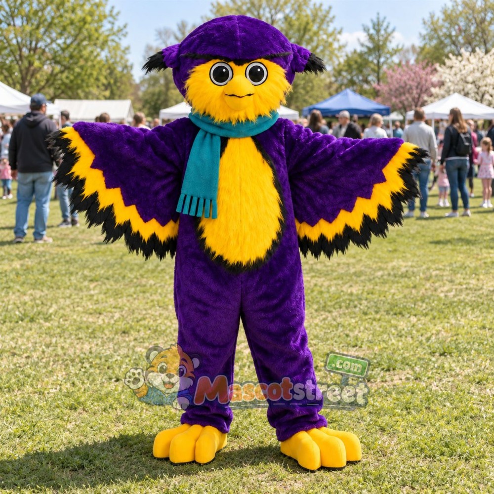 Purple Owl Mascot Costume with Teal Scarf Purple Owl Mascot Costume with Teal Scarf