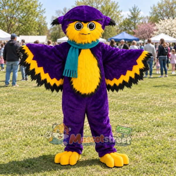 Purple Owl Mascot Costume with Teal Scarf