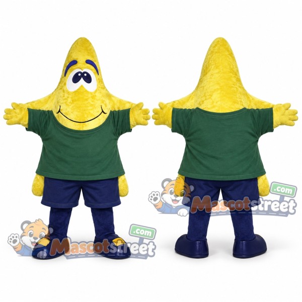 Yellow Star Mascot Costume with Green Shirt and Navy Shorts