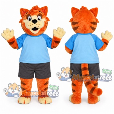 Orange Cat Mascot Costume with Blue Shirt and Gray Shorts Orange Cat Mascot Costume with Blue Shirt and Gray Shorts