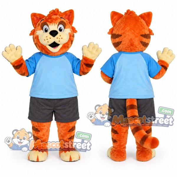 Orange Cat Mascot Costume with Blue Shirt and Gray Shorts