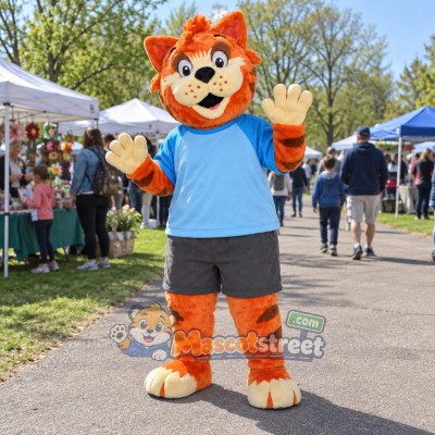 Orange Cat Mascot Costume with Blue Shirt and Gray Shorts