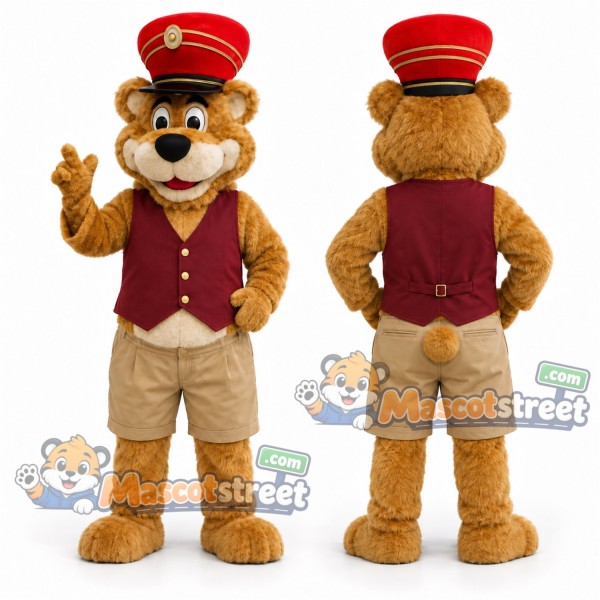 Brown Bear Mascot Costume with Burgundy Vest and Red Cap