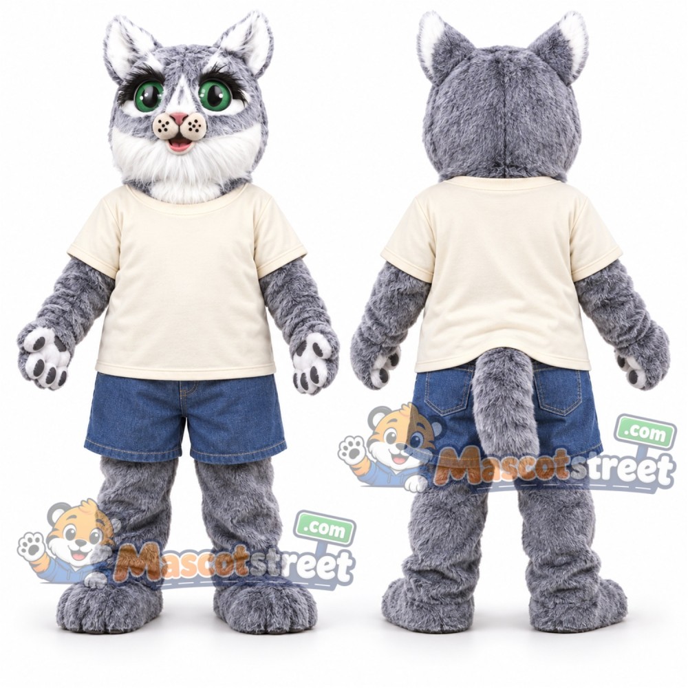 Gray Cat Mascot Costume with Cream Shirt and Blue Shorts Gray Cat Mascot Costume with Cream Shirt and Blue Shorts