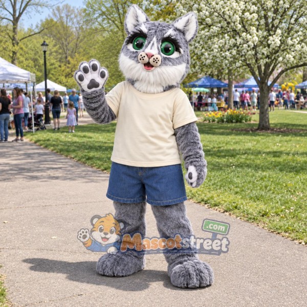 Gray Cat Mascot Costume with Cream Shirt and Blue Shorts
