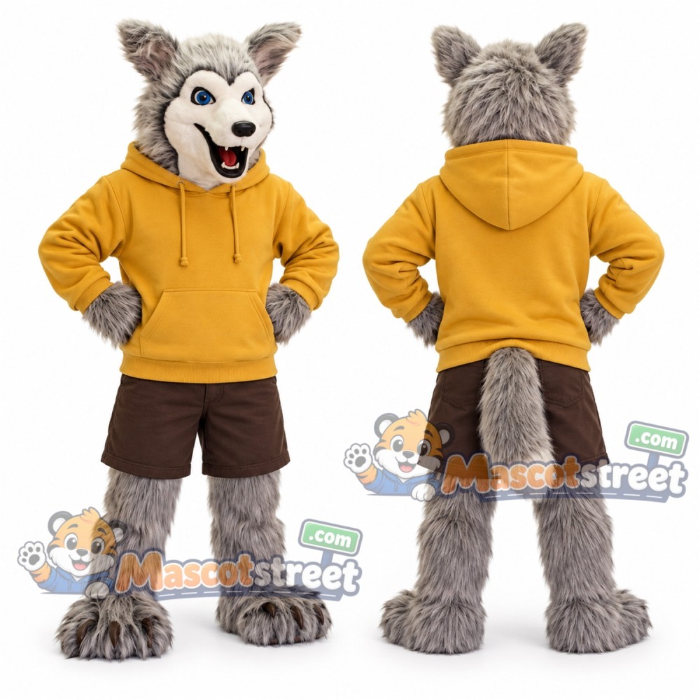 Gray Wolf Mascot Costume with Yellow Hoodie and Brown Shorts