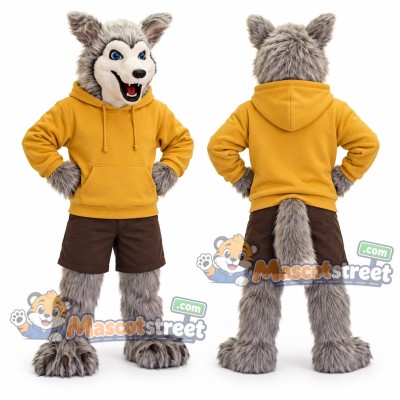 Gray Wolf Mascot Costume with Yellow Hoodie and Brown Shorts