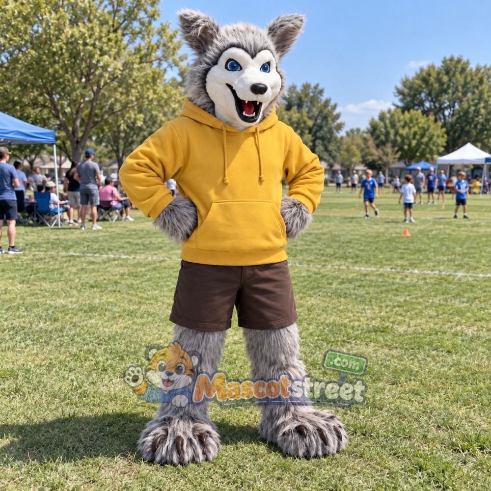 Gray Wolf Mascot Costume with Yellow Hoodie and Brown Shorts Gray Wolf Mascot Costume with Yellow Hoodie and Brown Shorts