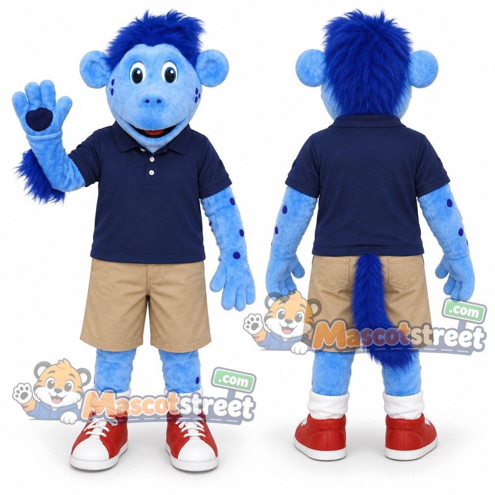 Blue Monkey Mascot Costume with Navy Shirt and Khaki Shorts Blue Monkey Mascot Costume with Navy Shirt and Khaki Shorts