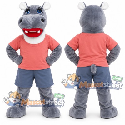 Gray Hippo Mascot Costume with Coral Shirt and Blue Shorts Gray Hippo Mascot Costume with Coral Shirt and Blue Shorts