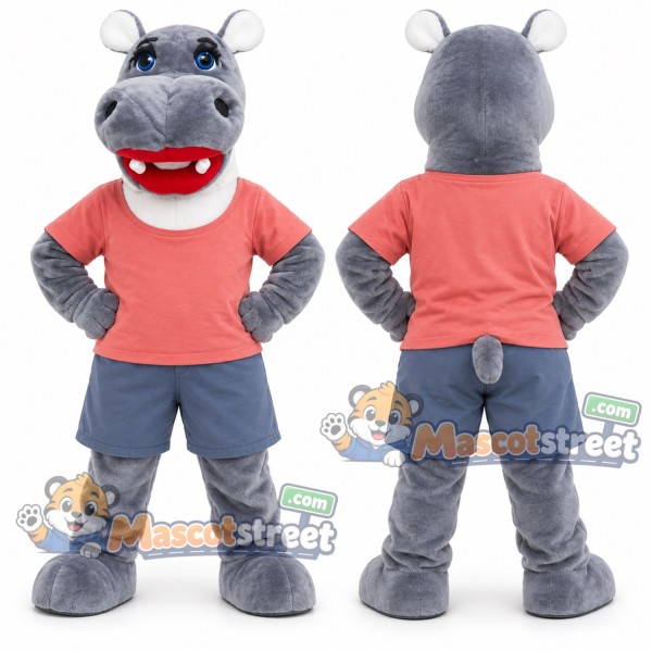 Gray Hippo Mascot Costume with Coral Shirt and Blue Shorts