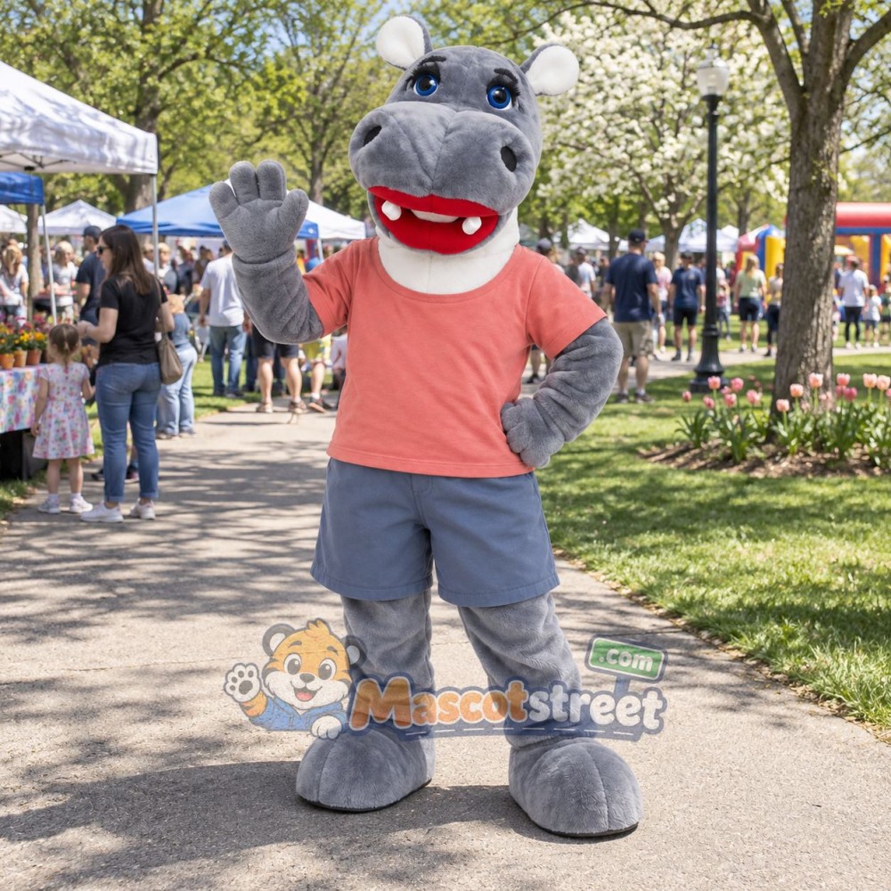 Gray Hippo Mascot Costume with Coral Shirt and Blue Shorts