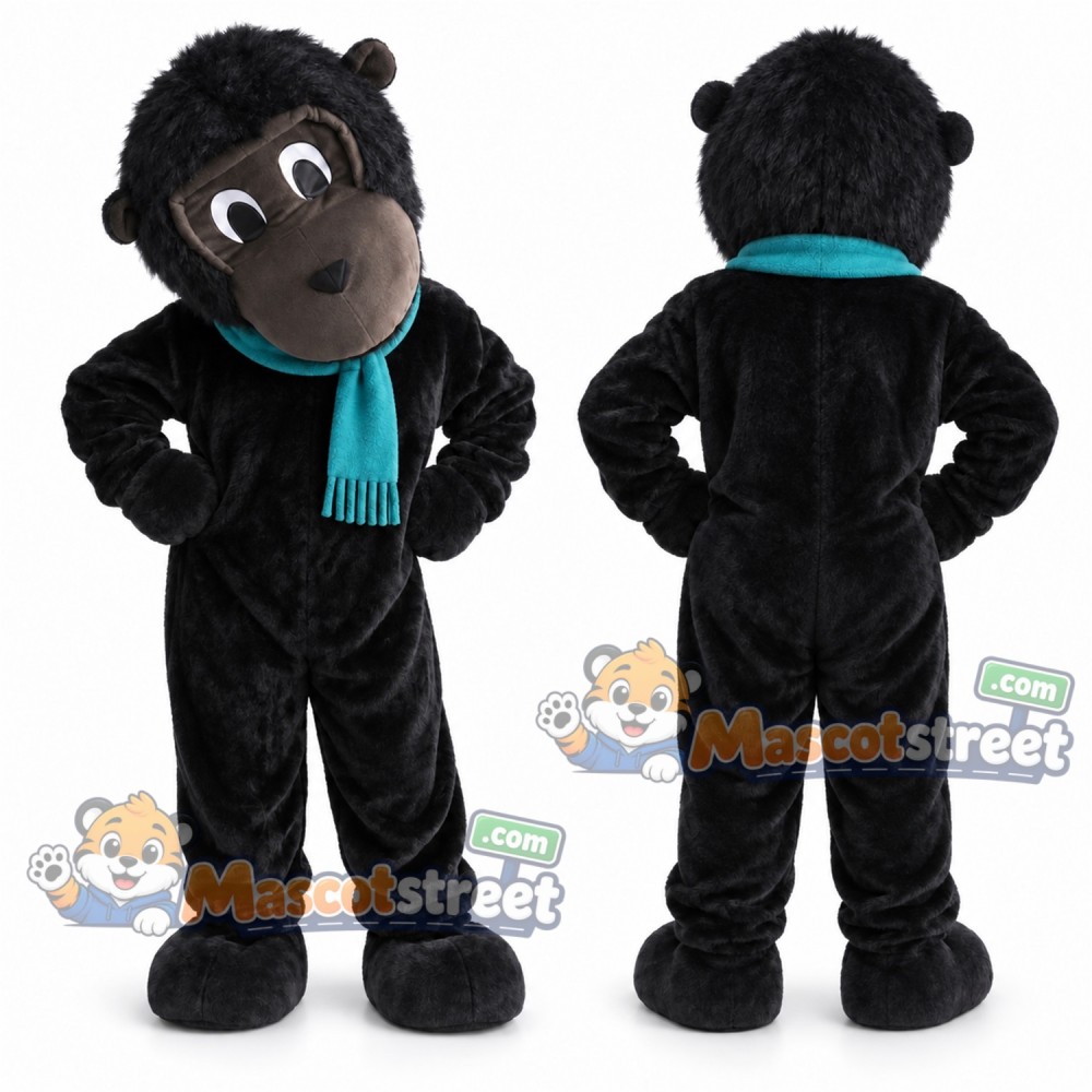 Black Gorilla Mascot Costume with Teal Scarf Black Gorilla Mascot Costume with Teal Scarf