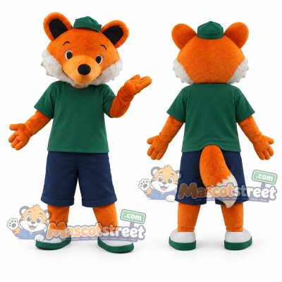 Orange Fox Mascot Costume with Green Shirt and Navy Shorts Orange Fox Mascot Costume with Green Shirt and Navy Shorts