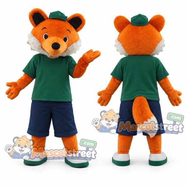 Orange Fox Mascot Costume with Green Shirt and Navy Shorts