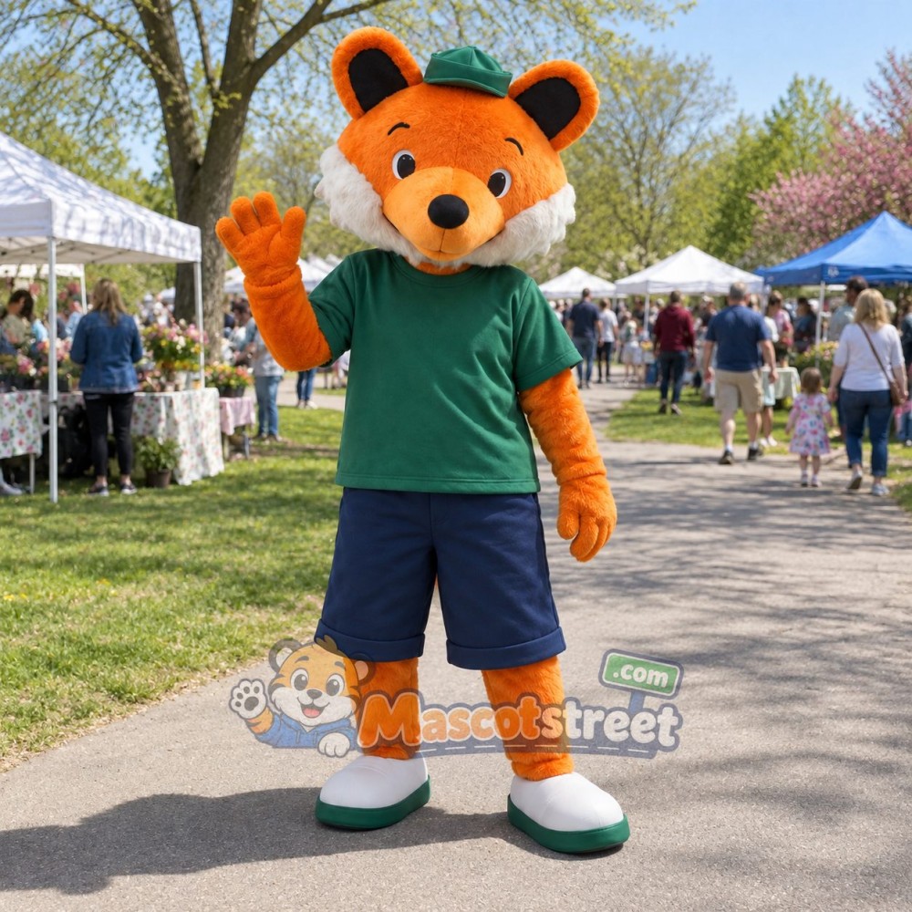 Orange Fox Mascot Costume with Green Shirt and Navy Shorts Orange Fox Mascot Costume with Green Shirt and Navy Shorts