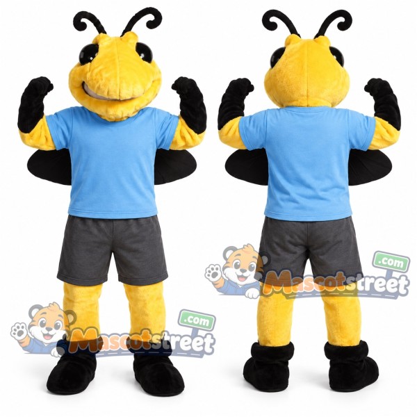 Bee Mascot Costume with Blue Shirt and Gray Shorts