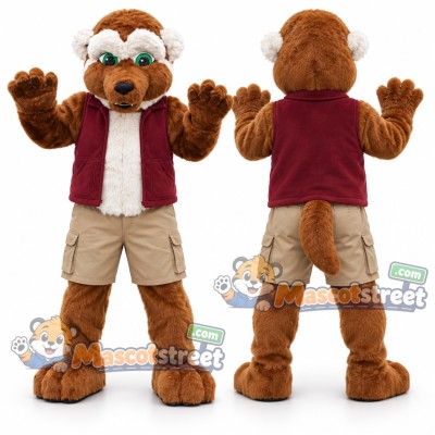Brown Canine Mascot Costume with Burgundy Vest and Khaki Shorts Brown Canine Mascot Costume with Burgundy Vest and Khaki Shorts
