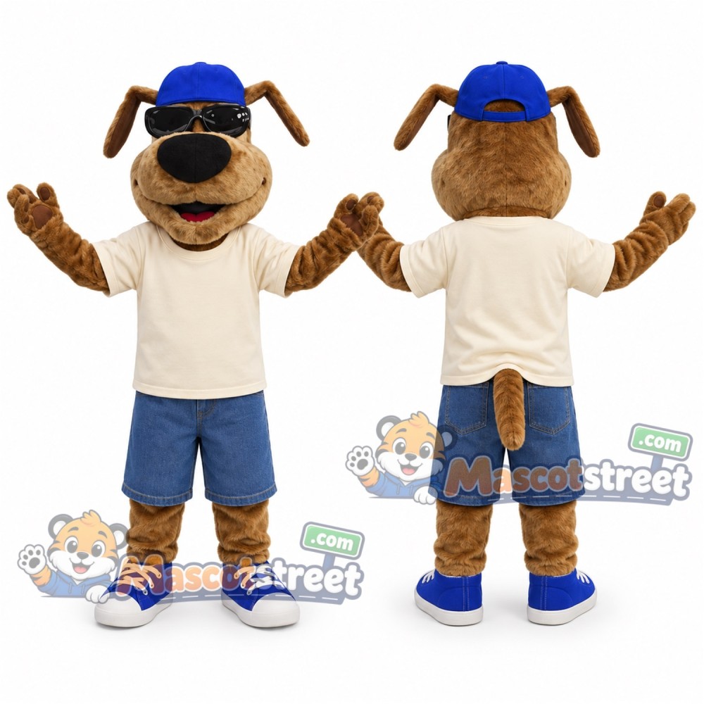 Brown Dog Mascot Costume with Cream Shirt and Blue Shorts Brown Dog Mascot Costume with Cream Shirt and Blue Shorts