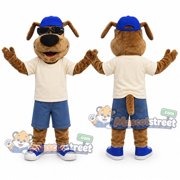 Brown Dog Mascot Costume with Cream Shirt and Blue Shorts