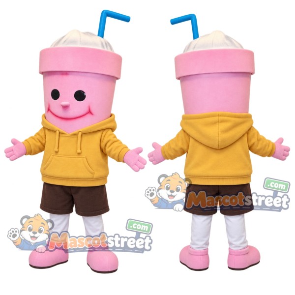 Pink Drink Cup Mascot Costume with Yellow Hoodie and Brown Shorts