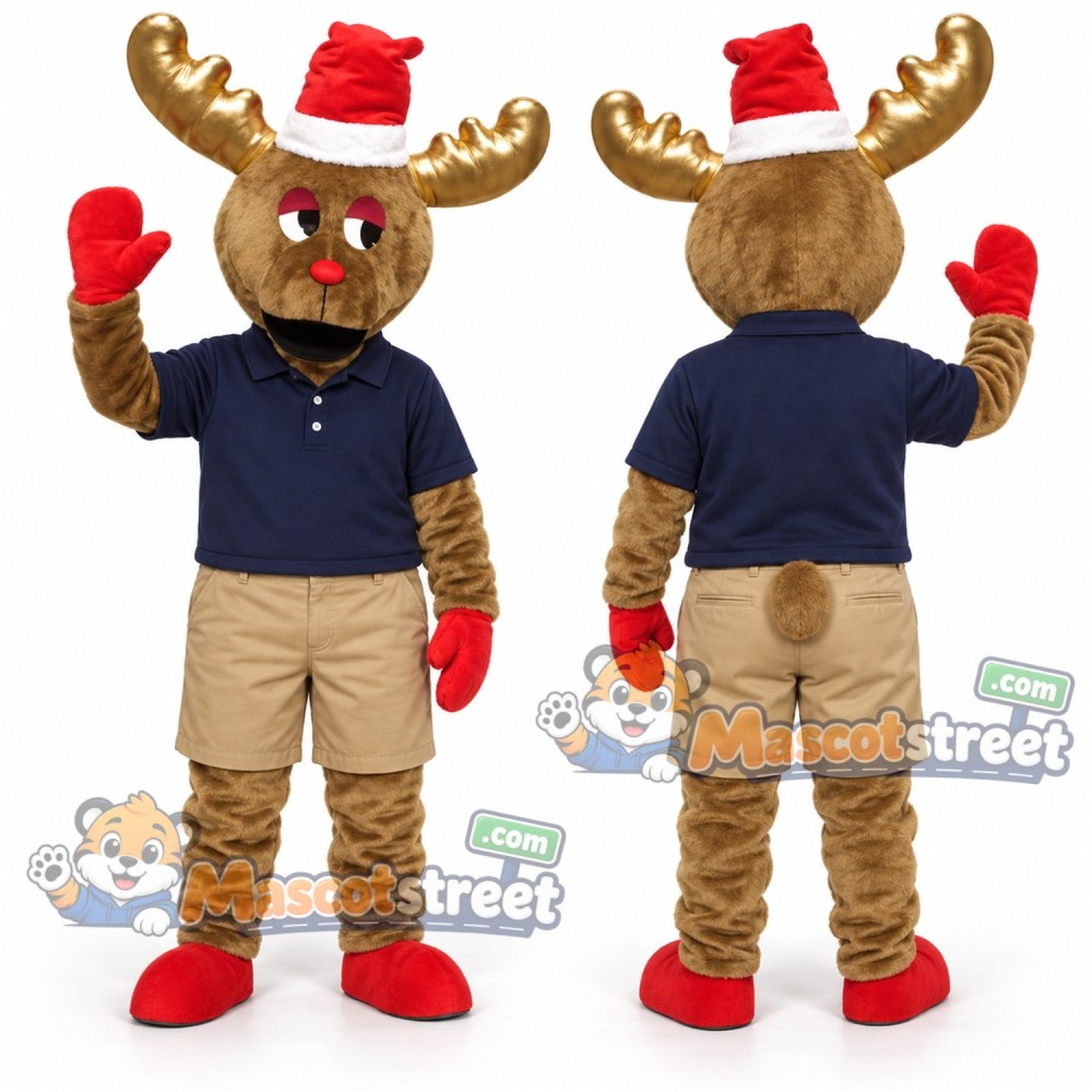 Brown Moose Mascot Costume with Navy Shirt and Santa Hat Brown Moose Mascot Costume with Navy Shirt and Santa Hat