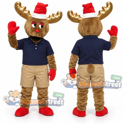 Brown Moose Mascot Costume with Navy Shirt and Santa Hat Brown Moose Mascot Costume with Navy Shirt and Santa Hat