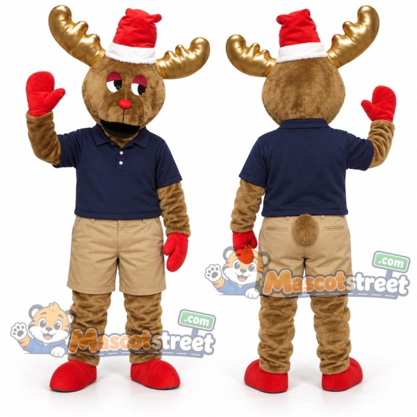 Brown Moose Mascot Costume with Navy Shirt and Santa Hat